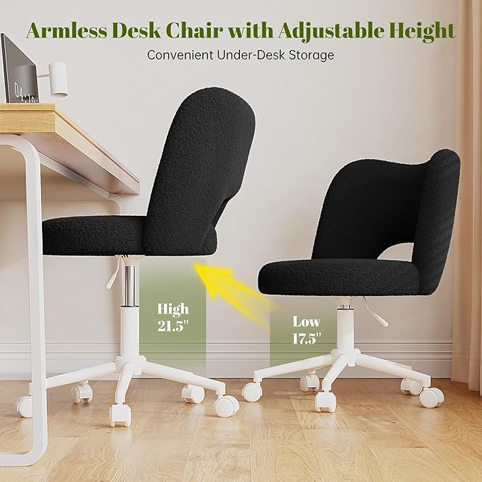 Small Vanity Chair with Silent Wheels Black, Cute Vanity Chair with Back,Ultra-Plush Fleece Cute Desk Chair, Small Office Chair Height Adjustable,for Make-up Room,Bedroom