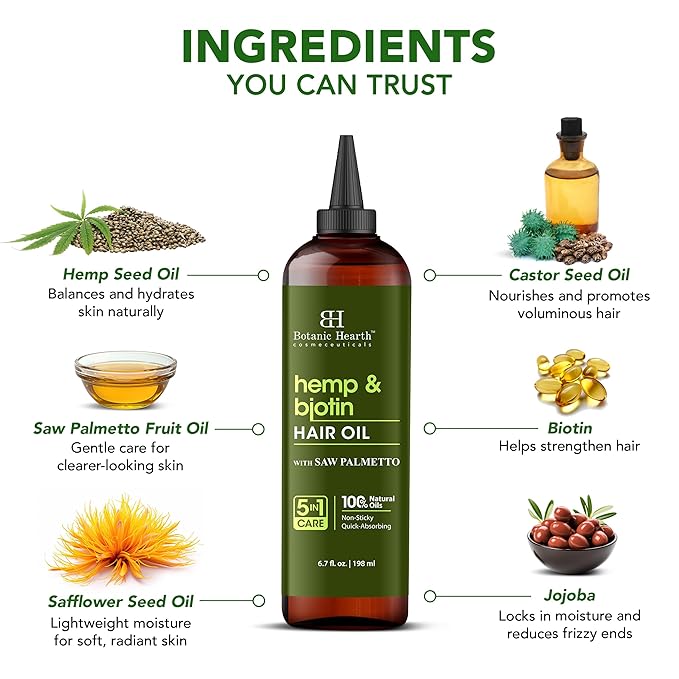 Botanic Hearth 100% Pure Hemp & Biotin Oil For Hair Growth & Hair Treatment Oils 6.7 Fl oz | Infused with coconut Oil | Hair Oil Repairs Dry Damaged Hair, Strengthening, Healthier | All Hair Types