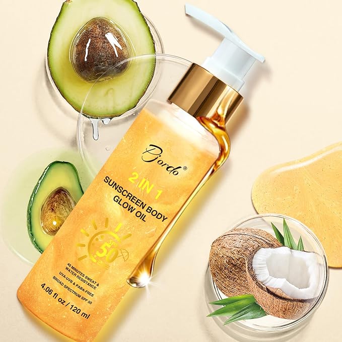 Body Shimmer Oil, Sunscreen Glow Oil, Broad Spectrum SPF 50, Sun Shield, Lightweight Shimmering Gel Texture Absorbs Quickly, Non Sticky, Glowing Results, Gold 4.06 fl oz