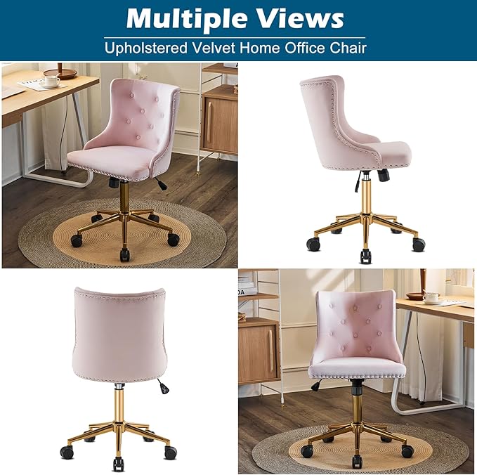 VINGLI Light Pink Velvet Armless Home Office Desk Chair with Gold Base/Wheels,Cute Vanity/Makeup Chair with Back for Bedroom, Upholstered Adjustable Rolling Swivel Nail Chair for Women/Girls