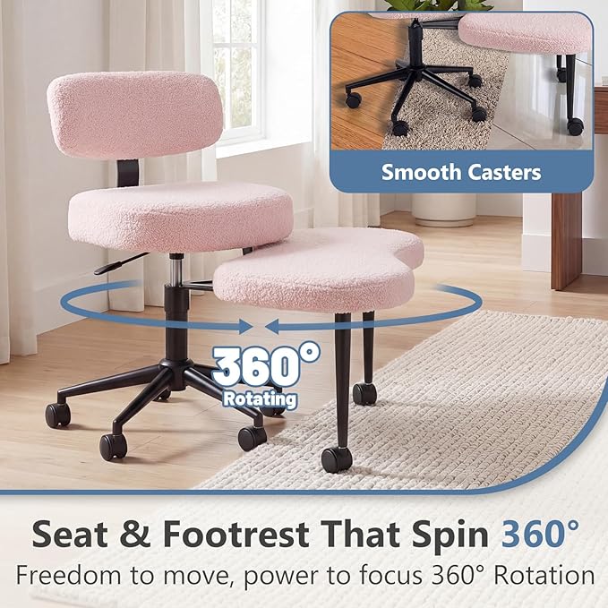 DUMOS Ergonomic ADHD Cross Legged Office Desk Chair with Adjustable Backrest, Height Adjustable Meditation Chair with 360° Swivel Footstool, Teddy Fabric Yoga Stool for Home Office, Pink