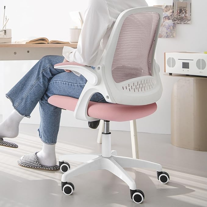 NEO Chair Office Desk Computer Gaming Ergonomic Chair with Lumbar Back Support Adjustable Height Swivel Wheels Flip-up Arms Mesh Chair for Home or Office (Pink)