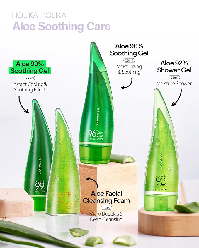 Holika Holika Aloe 99% Soothing Gel, 8.5 Ounce, 250ml - No Sticky 99% Aloe Vera Sunburn Relief - Moisturizing, Fast Absorbing for Face, Skin, Body&Hair