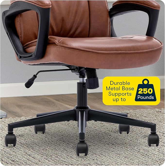 Serta Hannah Executive Home Office Desk Chair, Ergonomic Mid-Back with Lumbar Support, Firm Seat Cushion, Layered Body Pillows, Padded Armrests, Swivel Base, Easy Assembly, Bonded Leather, Cognac