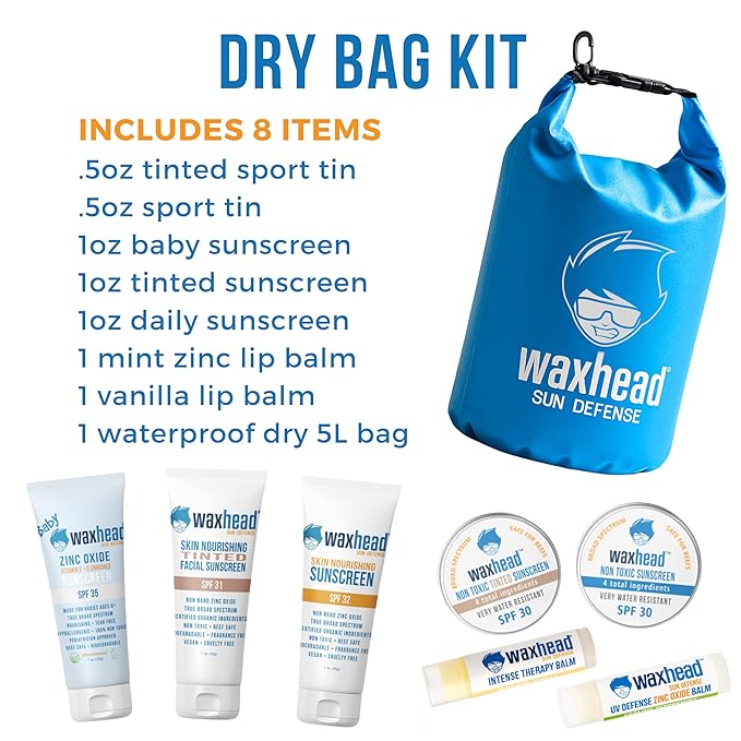 Waxhead Travel Size Sunscreen Sampler Box - Non-Nano Zinc Oxide Coral Reef Safe, Eco Biodegradable Sunblock SPF 30. Lip Balms, Solid Mini Paste Tins (.5oz) Tinted, Baby + Everyday (1oz) in Dry Bag