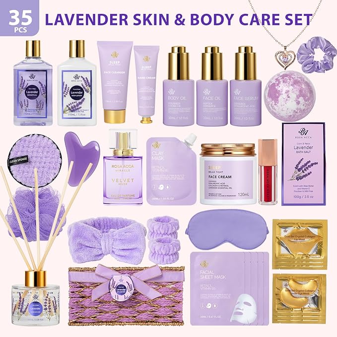 35 Pcs Valentines Day Gifts for Women, Lavender Bath and Body Gift Basket, Facial Skin Care Set, Spa Kit, Self-Care Set, Face Sheet Mask, Necklace, Birthday, Christmas, Mother Day, Anniversary