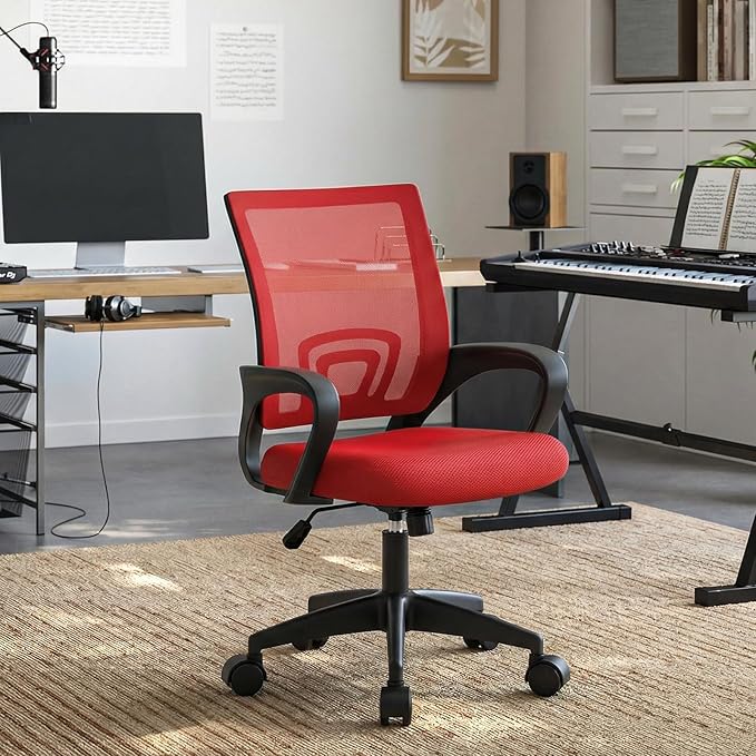 Magshion Ergonomic Office Desk Chair, Mid-Back Mesh Computer Chair, Swivel Chair with Breathable Backrest & Lumbar Support, Adjustable Height for Gaming, Work, Study, 300 Lbs Capacity, Red