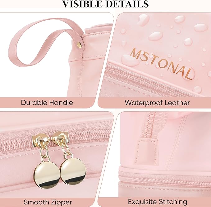Travel Makeup Bag, Large Capacity Double Layer Cosmetic Bags for Women, Waterproof Portable Make Up Skincare Pouch with Makeup Brush Organizer, Toiletry Bag for Essentials, Pink
