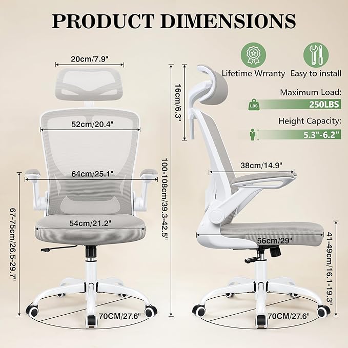 Office Desk Chair, Ergonomic Mesh Office Chair with Adjustable Lumbar Support, Headrest, Flip-up Armrests, Comfortable Computer Chairs for Home, Work, Gaming, (Light Gray, 6 Pack)