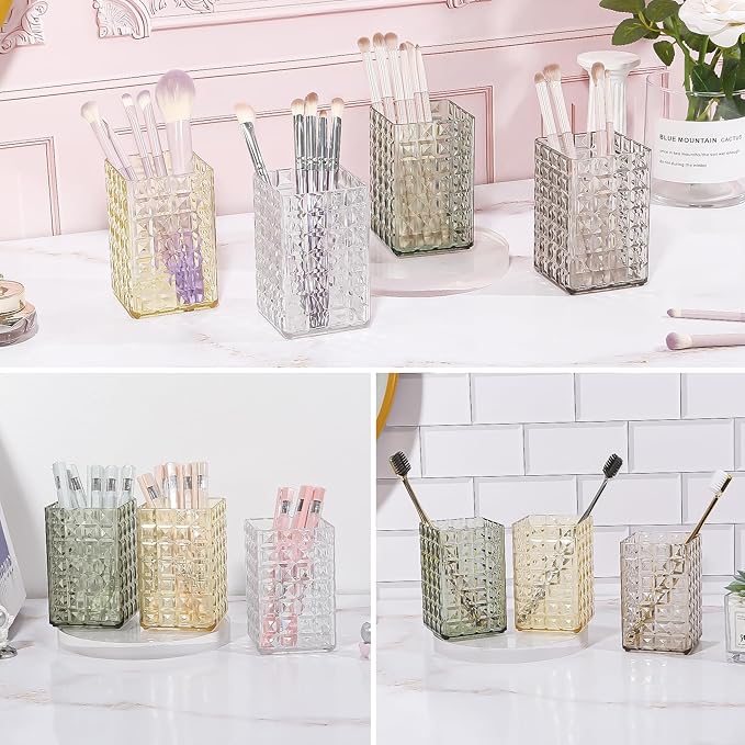 DASITON Makeup Brush Holder Organizer, Acrylic Makeup Brush Cup, Diamond Striped Make Up Brush Holder for Vanity, Bathroom Countertop, Toothbrush Holders, Pen Holder for Desk Storage (Green)
