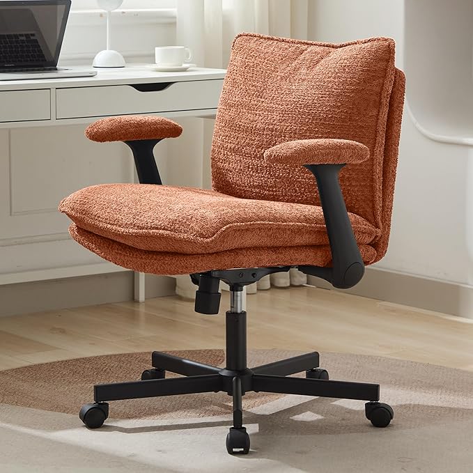 Criss Cross Legged Office Chair with Wheels and Flip-Up Arms, Upholstered Criss Cross Desk Chair, Wide Seat Chairs for Home Office, Vanity, Apartment, Orange