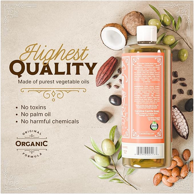 Carolina Castile Soap Orange Scent – Certified Organic Base, High Olive Oil Content, Non-Drying, Made with Organic Oils, Concentrated Natural Body Wash for Men and Women (Orange, 32 Fl Oz)