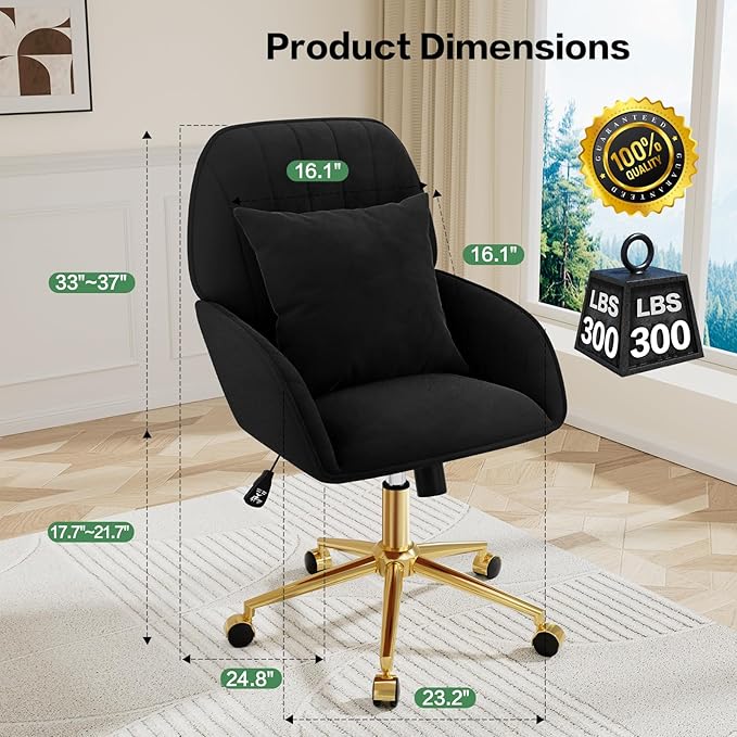 Home Office Desk Chair Comfy with Adjustable Swivel Wheels, Modern Velvet Makeup Vanity Chair with Back & Pillow, Ergonomic Office Chair Computer Task Chair for Living Room, Bedroom, Black