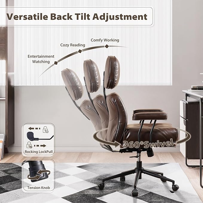 HOOOWOOO Mid Century Modern Ergonomic Office Chair, Comfy Executive Chair with Extra Wide Tufted Cloudy Seat, Lumbar Support, High Reclining Back, PU Leather Dark Brown