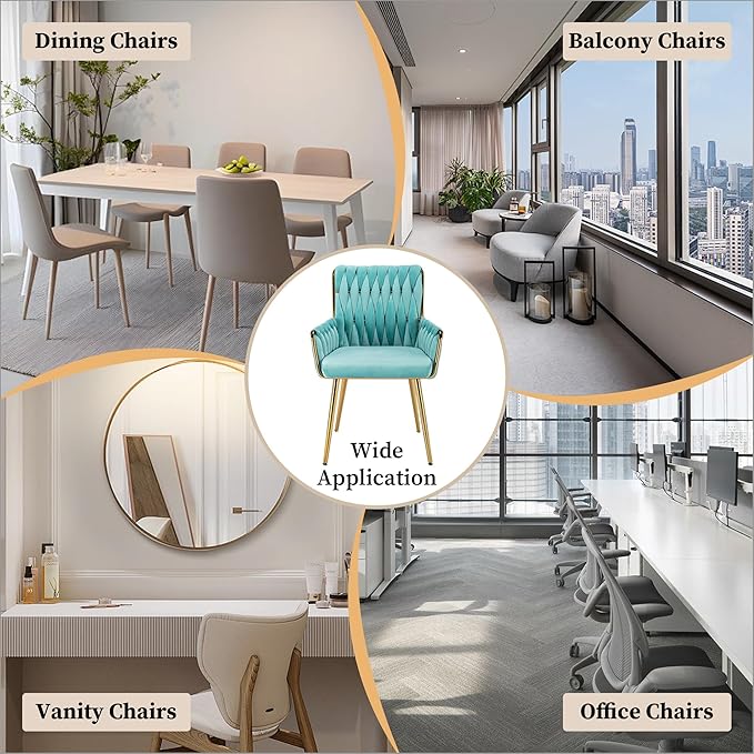 Westice Home Office Desk Chair, Upholstered Hand Weaving Desk Chairs with Golden Metal Legs & Armrest, Modern Accent Chairs for, Living Room, Vanity Makeup Room, Blue