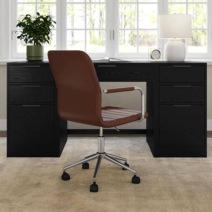 Martha Stewart Taytum Swivel Task Chair with Armrests for Home Office in Saddle Brown Faux Leather with Polished Nickel Frame