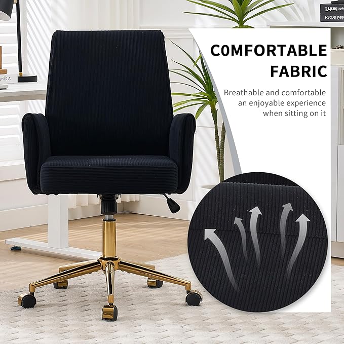 YITAI Stripes Velvet 360°Swivel Desk Chair, Modern Height Adjustable Home Office Armchair with Gold Base and Wheels for Vanity, Comfy Computer Chair for Study Living Room Bedroom（Black）