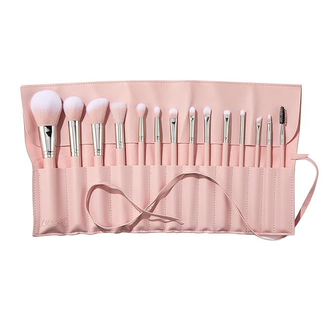 ColourPop Smoke 'N Roses Brush Roll Face & Eye Brush Set - Face & Eye Makeup Brush Set - Made with Luxe Synthetic Vegan Bristles - Includes Holder (14 Count)