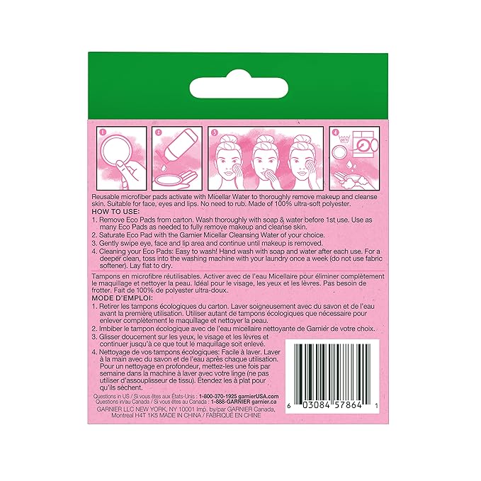 Garnier Micellar Cleansing Eco Pads, Reusable, 3 Ultra-soft Microfiber Pads, 1 Count (Packaging May Vary) (Pack of 2)
