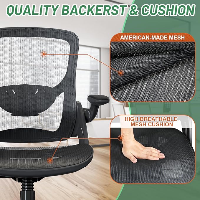 Ergonomic Comfy Mesh Home Office Computer Desk Chair with Height Adjustable Lumbar Support with Flip up Arms for Adult