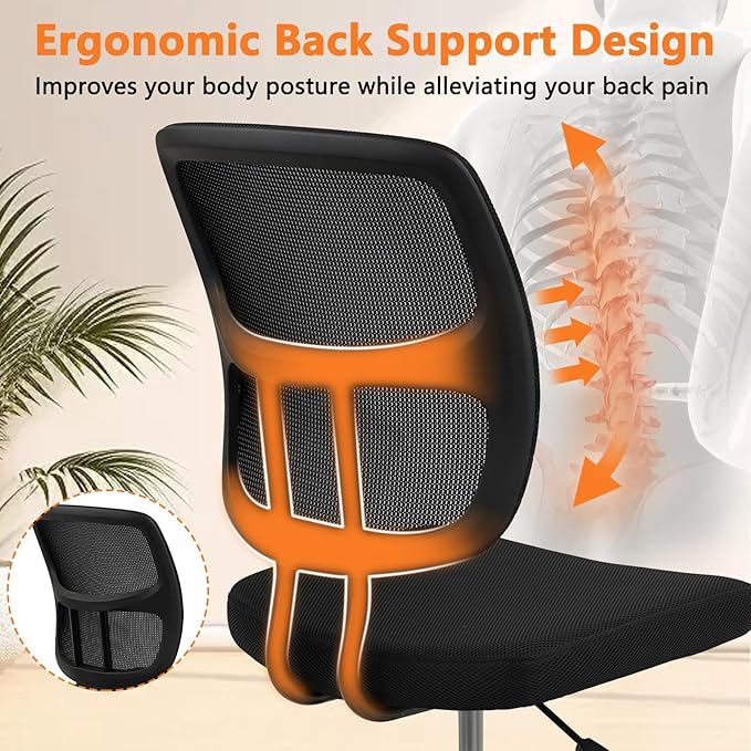 CLATINA Armless Home Office Chair, Small Ergonomic Mesh Back Desk Chair with Lumbar Support and Wheels, Adjustable Height 360° Swivel Rolling Computer Task Chair for Conference Waiting, Black