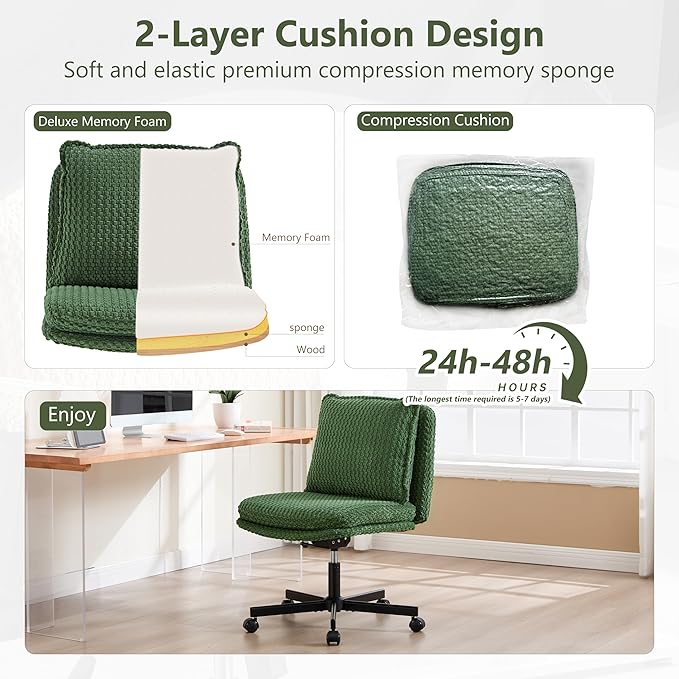 Fizzin Criss Cross Chair,Armless Cross Legged Chair with Wheels,Memory Foam Seat Office Desk Chair with Flipable Back Cushion,Mid Back Swivel Chair for Home Office,Bedroom Vanity (Green)