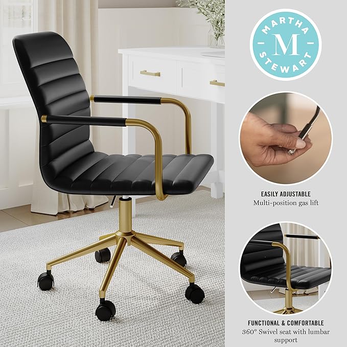Martha Stewart Taytum Swivel Task Chair with Armrests for Home Office in Black Faux Leather with Polished Brass Frame