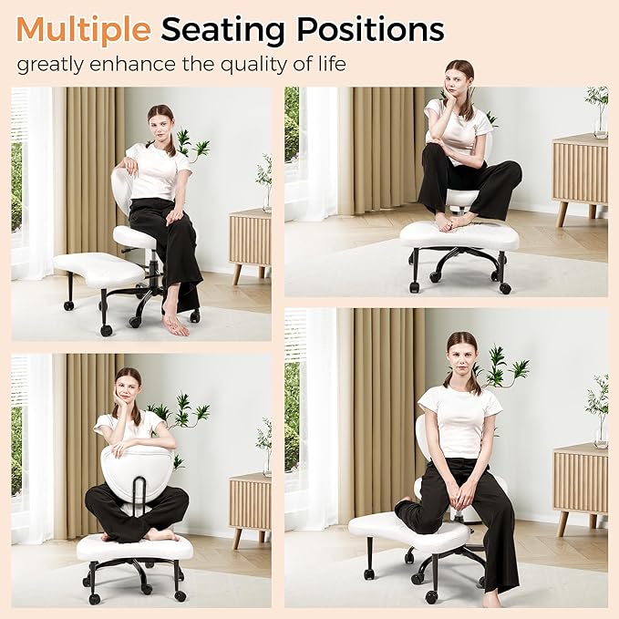 Cross Legged Office Chair, Ergonomic Criss Cross Chair with Wheels, 360° Swivel Height-Adjustable Meditation Chair for Yoga & ADHD, Wide Kneeling Chair with Strong Lumbar Support (White) BPY01W