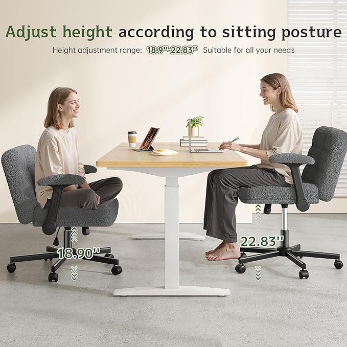 Criss Cross Chair with Wheels and Flip-up Arms, Adjustable Height, Teddy Plush Fabric,Grey, for Bedroom, Home Office, Apartment