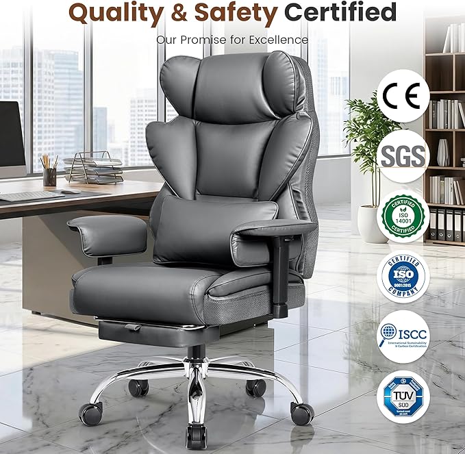 Big and Tall Office Chair - High Back Executive Chair with Footrest & Lumbar Support for Heavy People, Adjustable Arms, Padded Wide Seat Computer Gaming Chair, Gray 2 Pack