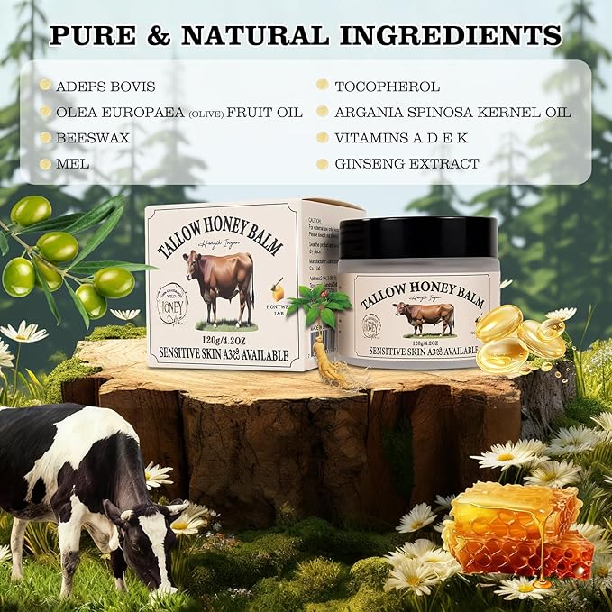 Beef Tallow for Skin, Tallow and Honey Balm Tallow Face Moisturizer with Ginseng Extract, Pure Beef Tallow Balm Blend of Vitamins Grass Fed Beef Tallow Hydrates and Nourishes the Skin