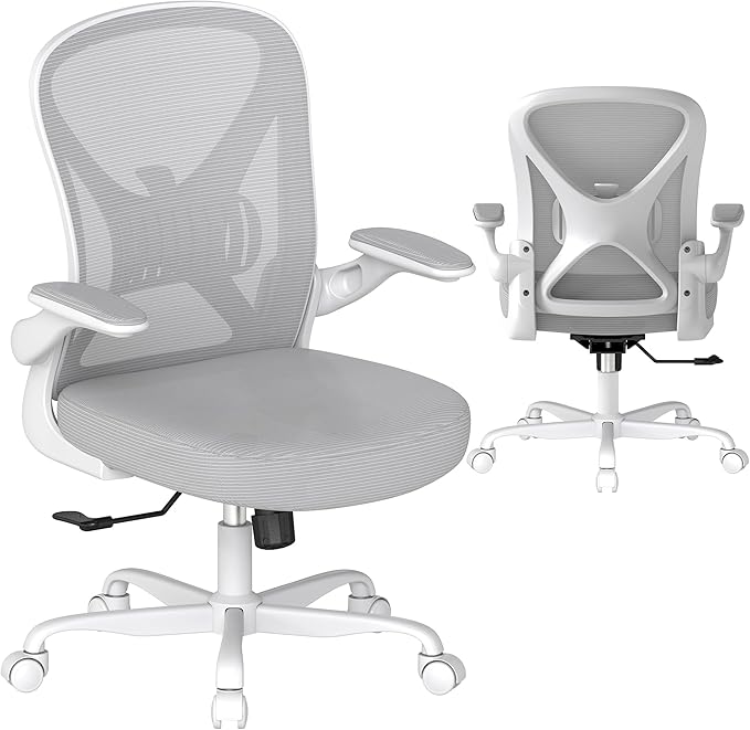 Mesh Office Chair with Adjustable Lumbar Support and Flip-up Arms, Ergonomic Home Office Desk Chair with Wheels, Grey