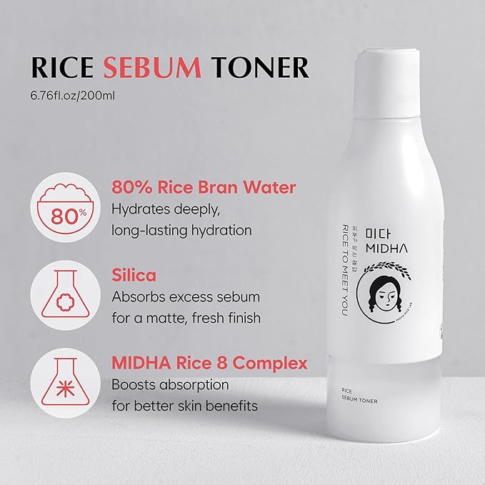 MIDHA Rice SEBUM Toner, 6.76fl.oz/200ml,Hydrating, Pore Refining, Sebum Control – Lightweight Daily Toner for Oily & Sensitive Skin – Vegan, Alcohol-Free, Non-Comedogenic, Double-Layer Formula