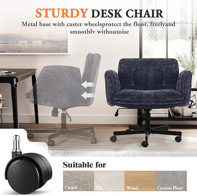 Criss Cross Chair with Wheels & Arms, Chenille Cross Legged Office Chair with 5-level Folding Armrest, Comfortable Adjustable Swivel Vanity Chair for Home, Make Up, Bed Room, Office, Accent (Blue)