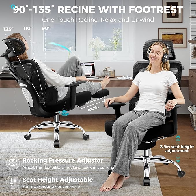 Ergonomic Office Chair with Footrest, Big and Tall Home Desk Chair, High Back Rolling Computer Chair with 3D Arms and Lumbar Support, Comfortable Gaming Chair, Black-2 Pack