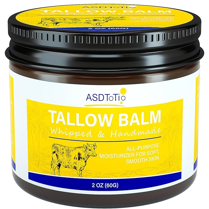 Handmade Grass Fed Beef Tallow Balm for Face and Skin- All Natural Moisturizer with Sweet Almond Oil, Non-Toxic Cream for Dry & Sensitive Skin, 2 oz