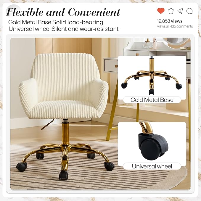 Faux Fur 360°Swivel Desk Chair, Height Adjustable Home Office Armchair with Golden Base for Teens Women Girls, Upholstery Computer Chair for Home Studios, Corduroy & Beige