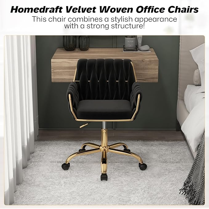 Woven 360°Swivel Desk Chair, Velvet Height Adjustable Home Office Armchair with Golden Base for Teens Women Girls, Upholstery Computer Chair for Home Studios and Office, Woven & Black