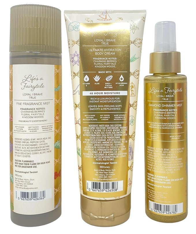 Bath & Body Works Limited Edition Princess Collection Life's a Fairytale Fine Fragrance Mist, Ultimate Hydration Body Cream and Diamond Shimmer Mist with a Peach Gardenia Bar Soap
