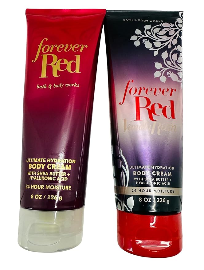 Bath & Body Works Forever Red Vanilla Rum and Forever Red Ultimate Hydration Body Cream 8 Ounces Set of 2