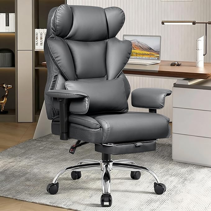 Big and Tall Office Chair for Heavy People - 400 LBS Capacity Executive Chair with High Back & Footrest, Ergonomic Wide Padded Seat Computer Gaming Chair, Smoke Gray