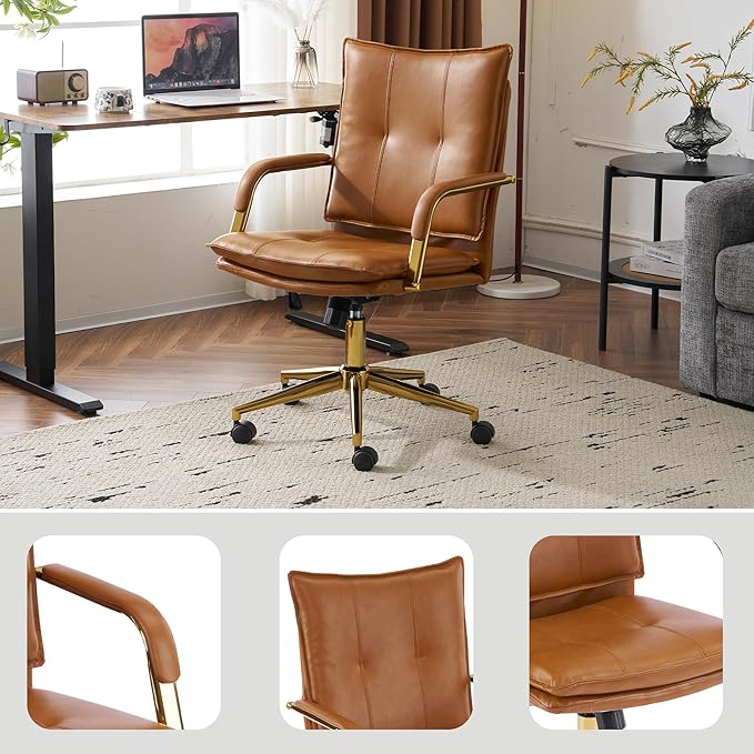 MOJAY Office Chair, Leather Desk Chair, Brown Desk Chair, Mid Century Modern Office Chair, Swivel Comfy Upholstered Wide Seat Chair with Gold Legs and Armrests for Home, Office (Camel&Golden)