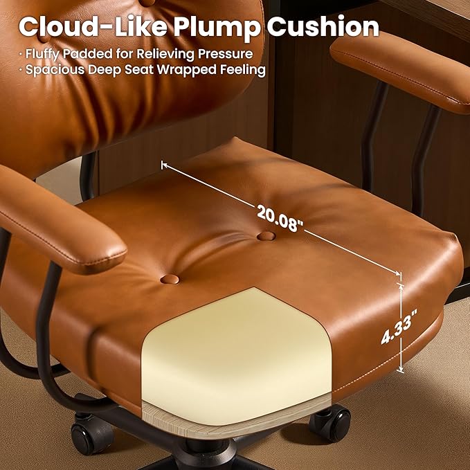 ovios Ergonomic Office Chair, Mid Back Faux Leather Executive Chairs with Thick Cushion, Comfy Mid-Century Modern Swivel Rolling Computer Armchair (Brown, PU Leather)