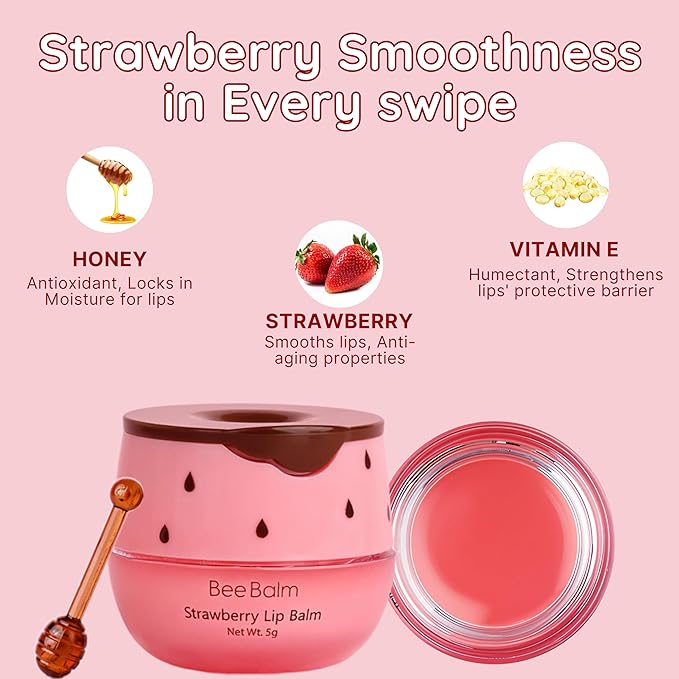 Original Bee Balm Lip Balm, Strawberry Hydrating Lip Balm, Lip Butter for Dry and Cracked Lips, Propolis Honey Lip Mask, Lip Moisturizing Mask, Reduces Lip Lines, Original Beeswax with Vitamin E