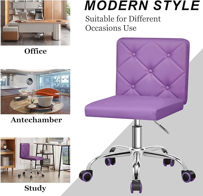 VECELO PU Leather Mid-Back Armless Vanity Chair Adjustable Height 360° Rolling Swivel for Home Office Work