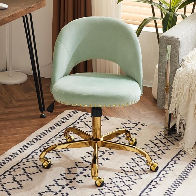 VINGLI Modern Velvet Small Office Chair,Cute Desk Chair with Wheels,Gold Base/Studs, Comfy Armless Swivel Vanity Task Chair for Women/Girl/Kids, Nail Tech Chair for Bedroom,Small Space,Mint Green