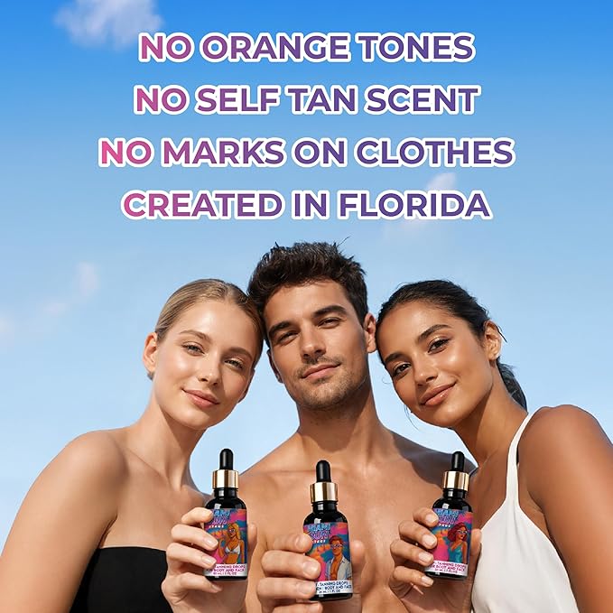 MIAMI SUN STAGE Self Tanning Drops for Men - Medium to Dark Tan (Skin Type 2-3) - Face & Body Bronzer Mixer - Natural Sunless Tanner with Aloe, Avocado - Vegan & Non-Sticky, 1 fl oz