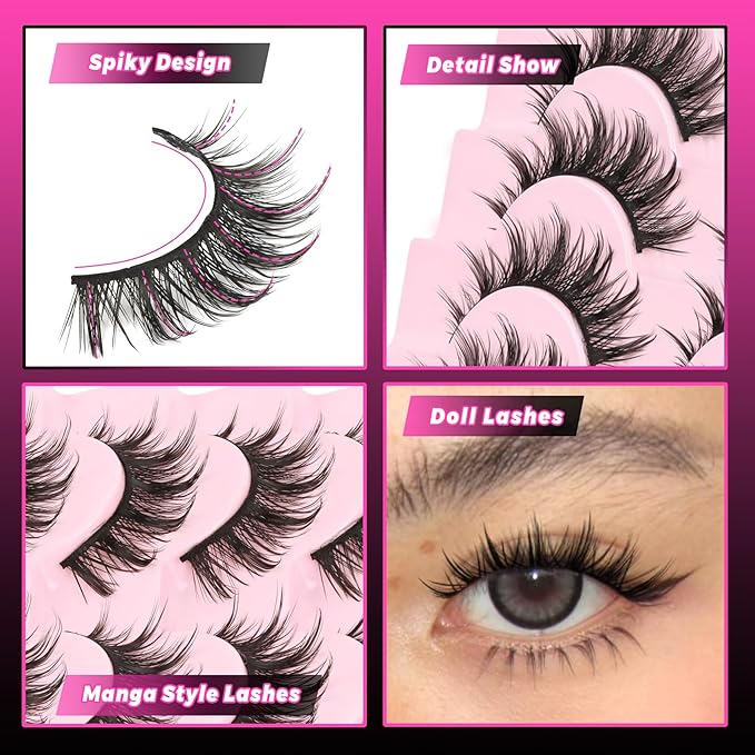 Veleasha Lashes Kit Natural Eyelashes Manga Spiky False Eyelashes Crisscross Wispy Fake Lashes Soft wirh Glue & Tweezers with Cotton Band 8 Pairs Pack (Natural Kit)