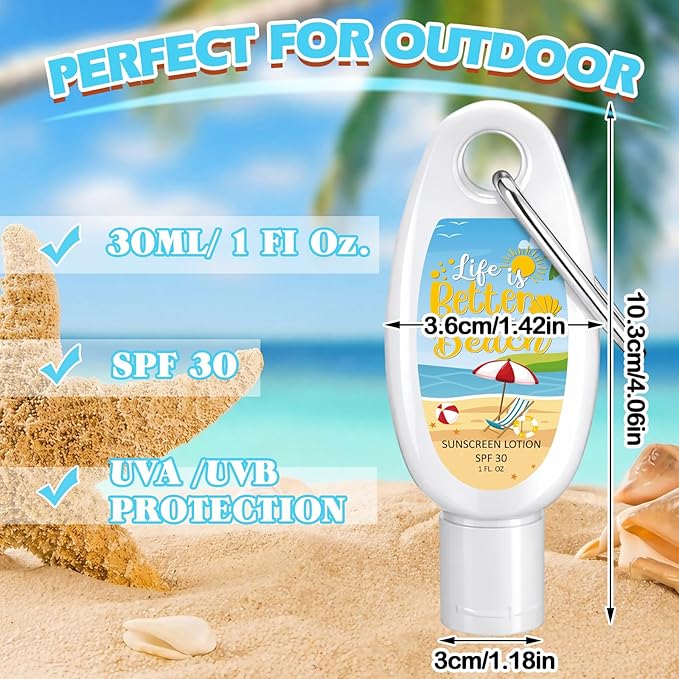 Leelosp 30 Pcs Mini Sunscreen with Carabiner Bulk Travel Size 1 Fl. oz. Spf 30 Water Resistant Mini Sunblock Lotion with Clip Summer Beach Party Favor for Wedding Bridal Shower Vacation Gifts