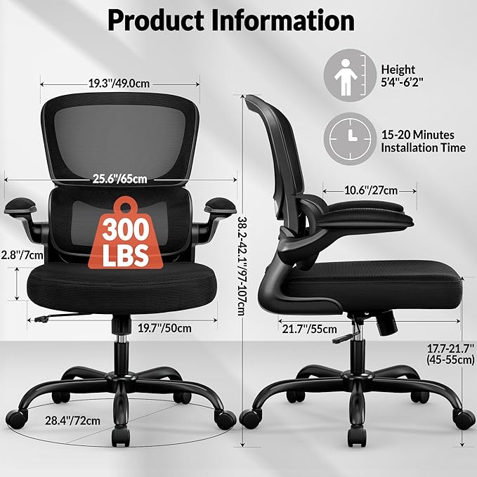 Office Chair Ergonomic Desk Chair, Breathable Mesh Comfy Chair with Lumbar Support, Computer Chair, Home Desk Chair with Flip-up Armrests, Gaming Chair for Adults Home Office (Black,10Pack)